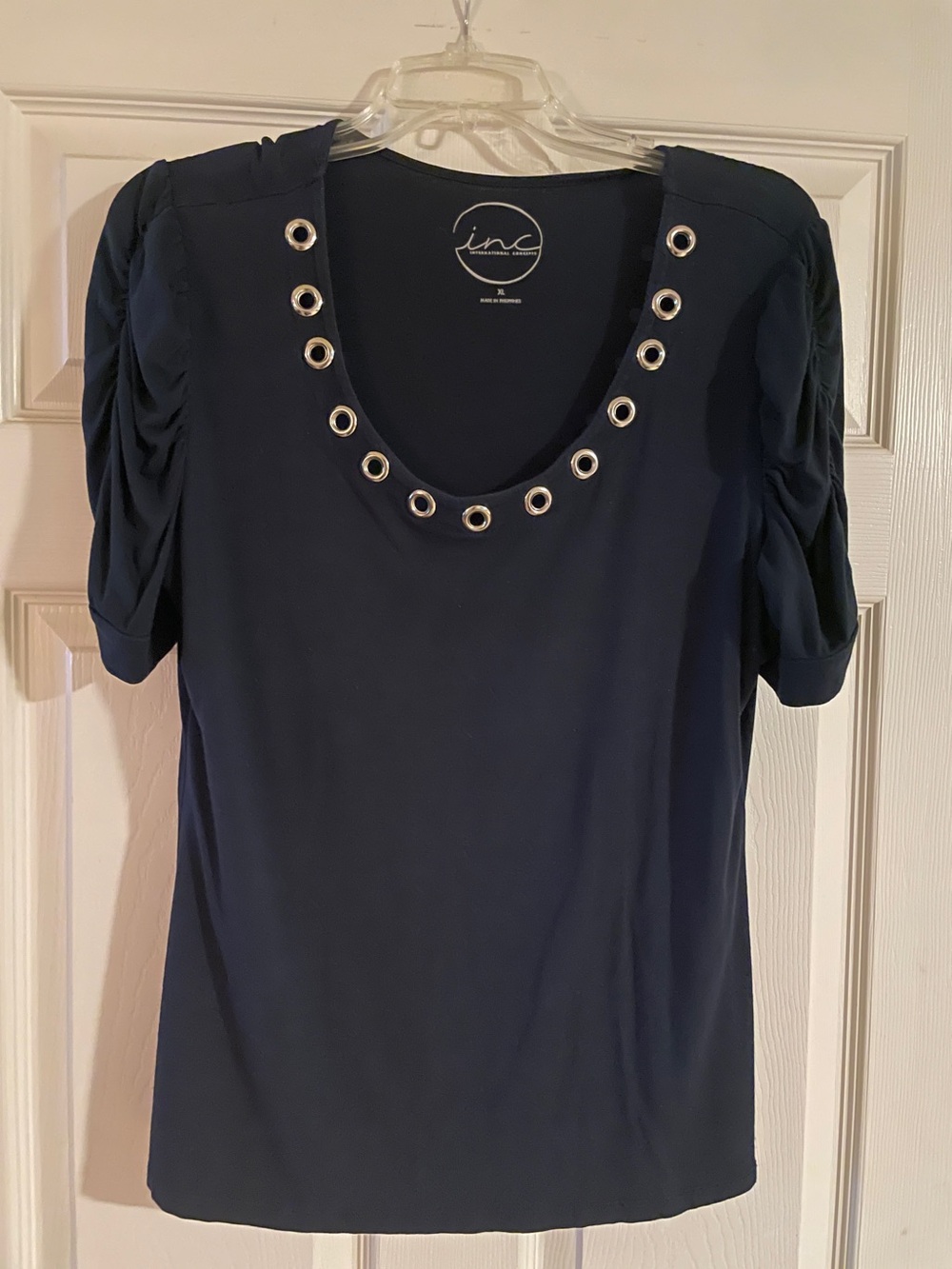 INC International Concepts Navy Short Sleeve Scoop Neck Top with Grommet Detail